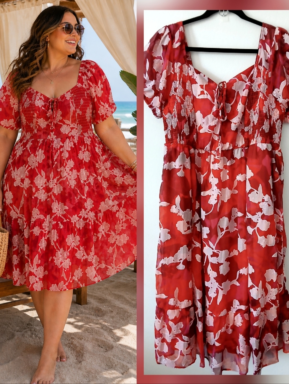 TORRID Floral Smocked Babydoll RED Puff Sleeve Flowy Summer DRESS Size 0 / 14